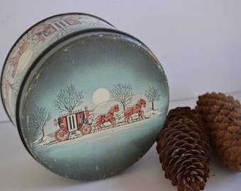 Vintage Round Christmas Holiday Winter Scene Candy Metal Tin