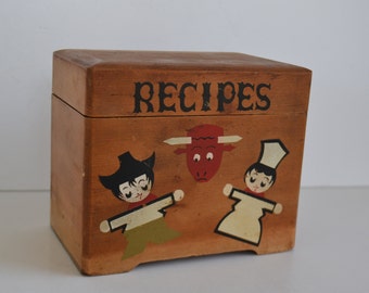 Vintage Wood Kitchen Recipes Index Cards Box Container