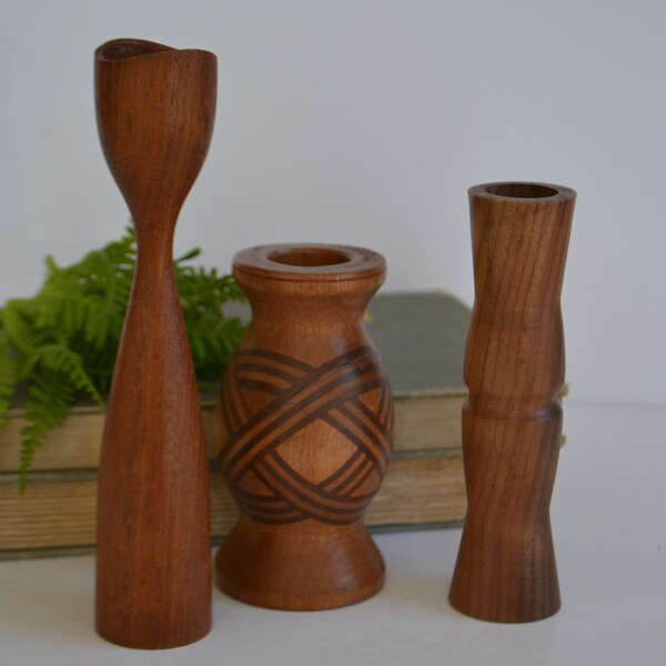 Vintage Assorted Brown Wood Candle Candlestick Holders Lot of 3