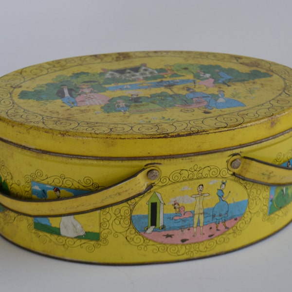 Vintage Yellow Colorful Victorian Images Scene Oval Tin with Handles