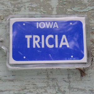 May include: A blue and white plastic keychain with the text "IOWA TRICIA" and the copyright symbol "© SWIBCO".