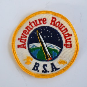 Vintage Boy Scouts Adventure Awaits BSA Rocket Space Embroidered Patch Badge