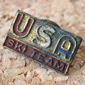May include: A vintage gold-toned pin with the words "USA SKI TEAM" in red, white, and blue enamel.