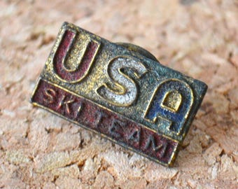 May include: A vintage gold-toned pin with the words "USA SKI TEAM" in red, white, and blue enamel.