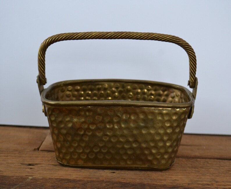 Vintage Small Hammered Brass Basket With Handle Container Etsy