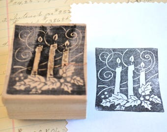 Vintage Christmas Holiday Candles Wood Mounted Rubber Stamp