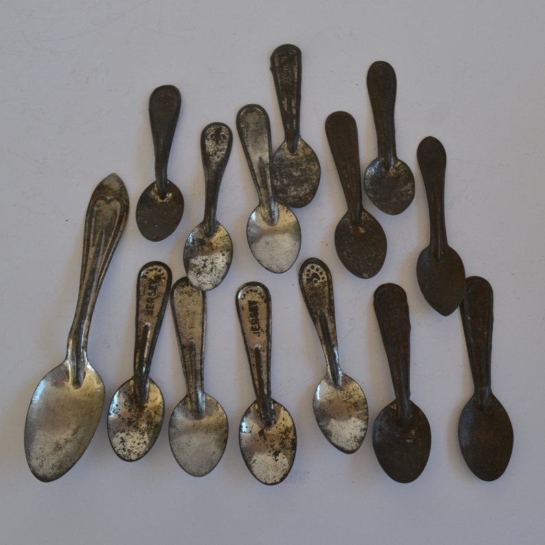 Vintage Antique Worn Silver Aluminum Tin Tasting Ice Cream Spoons Assorted Lot of 14