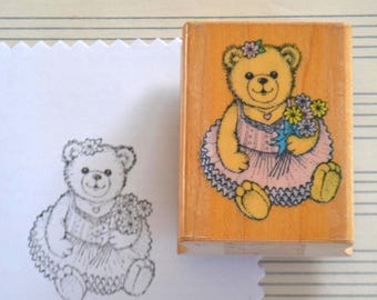 Sello de goma montado en madera con diseño de osito de ballet de niña