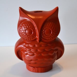Vintage Childrens Kids Red Ceramic Owl Savings Bank Piggy Bank