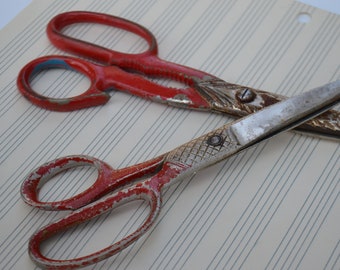 Vintage Red Handle Metal Sewing Craft Scissors Shears Lot of 2