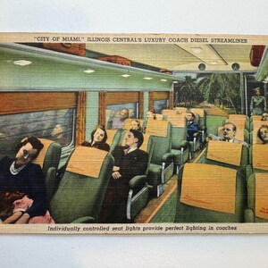 Cartolina di viaggio in treno, souvenir iconico, ricordo di oggetti effimeri d'epoca, Illinois Central Coach