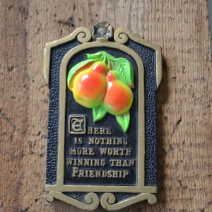 Vintage Midcentury Kitschy Retro Fruit Chalkware Kitchen Wall Plaque Friendship