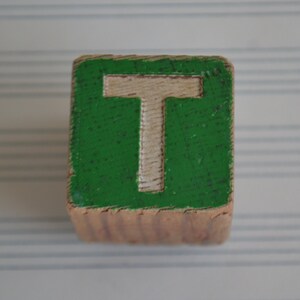 Imán para refrigerador con inicial de letra de bloque de madera verde vintage T