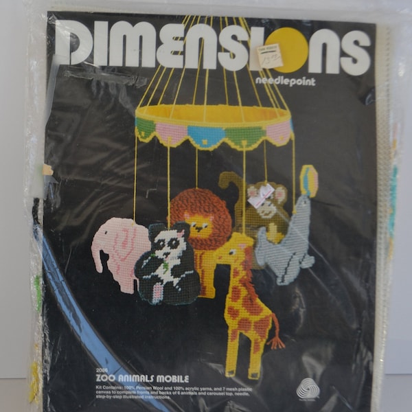 Vintage Dimensions Needlepoint Nursery Childrens Room Decor Zoo Animals Mobile Kit #2086 Original Packaging