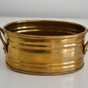 Puede incluir: Un pequeño macetero ovalado de latón con dos asas. El macetero tiene un acabado liso y brillante y es perfecto para exhibir plantas o flores pequeñas.