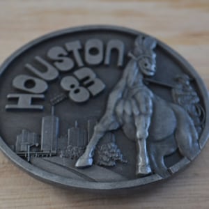 Vintage Dunkel Silber Metall Houston 1983 Runde Gürtelschnalle
