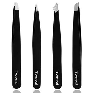 4Piece Tweezers Set, Angled and Flat Tip Tweezers, Grooming & Hair Removal, Professional Eyebrow Tweezers Set