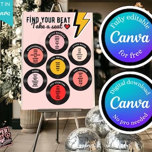 Puede incluir: Un plano de asientos de boda rosa con el texto "Find Your Beat Take a seat". Presenta diseños de discos de vinilo con nombres de bandas e invitados. Incluye logotipos de Canva y bolas de discoteca.