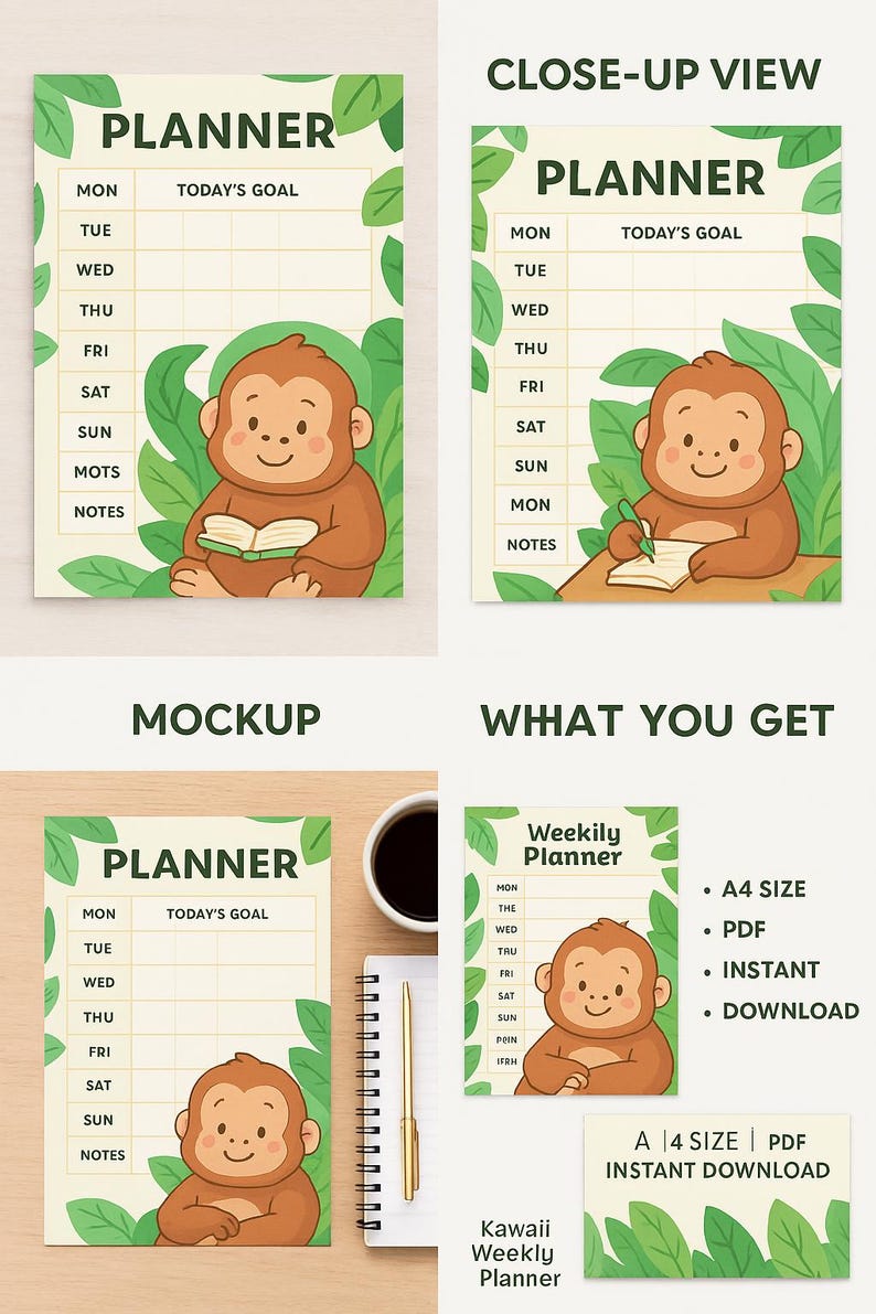 Cute Weekly Planner | A4 Printable PDF | Cartoon Orangutan Design ...