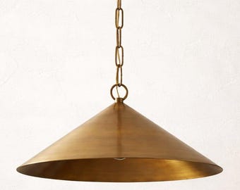 Handmade Brass Cone Pendant Light with Alabaster Marble Finial – Adjustable Height Vintage-Inspired Ceiling Fixture