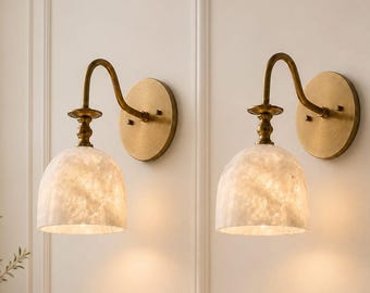 Handcrafted Alabaster Brass Wall Sconce, Traditional Dome Light Fixture