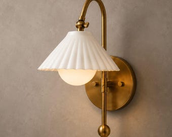Brass Wall Sconce with Fluted Shade, Frosted Glass Globe Light, G9 Bulb, Vintage Wall Lamp, Elegant Bedroom & Hallway Lighting