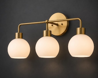 3-Light Brass Vanity Sconce, Opal Globe Bathroom Wall Lamp, Mid-Century Modern Lighting
