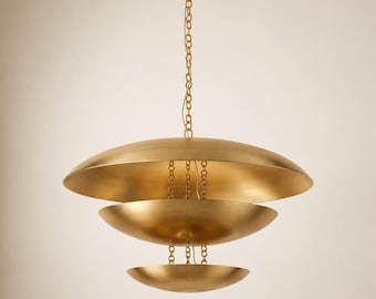 Stratum Brass Chandelier • Mid Century Modern Tiered Pendant Light, Luxury Solid Brass Ceiling Fixture