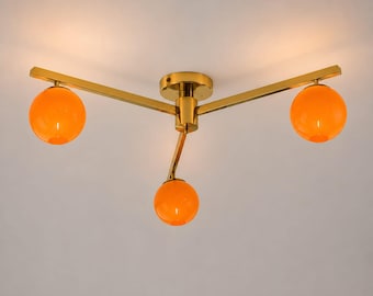 Mid-Century Italian Brass & Frosted Glass Chandelier - Lelli Style