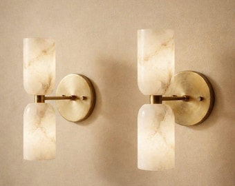 Modern Brass Alabaster Wall Sconce, Luxury Double Light Fixture, Minimalist Wall Lamp, Bedroom Bathroom Lighting, Hardwired Sconce