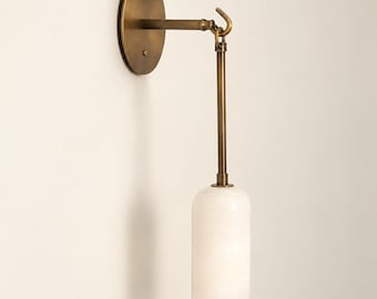 Antique Brass Alabaster Wall Sconce, Mid-Century Modern Lighting, Natural Stone Shade