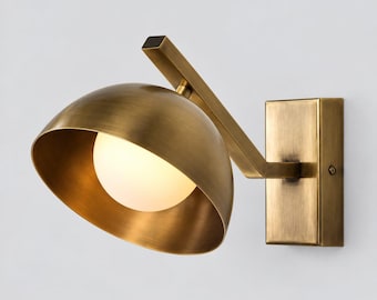 Mid Century Brass Wall Sconce, Modern Brass Wall Light, Adjustable Dome Shade, Reading Light, Bedroom Sconce, Hardwired Lighting