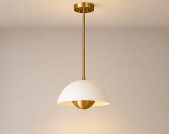 Mid Century Modern Brass Dome Pendant Light, White Shade, 12 Inch Hanging Lamp