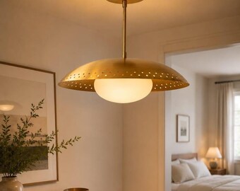 Handmade Raw Brass Pendant Light – Mid Century Modern Ceiling Fixture, Kitchen Island Lamp