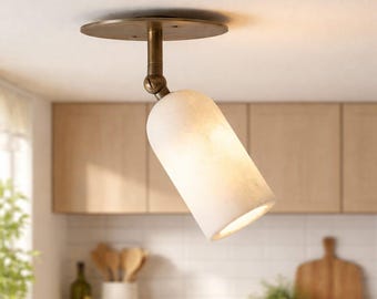 Modern Brass Ceiling Spotlight, Adjustable Kitchen Light, Alabaster Shade, Dark Luxury Ceiling Lamp, Minimalist Flush Mount Lighting