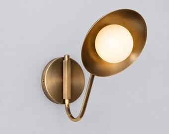 Mid Century Brass Wall Sconce, Modern Brass Wall Light, Adjustable Dome Shade, Reading Light, Bedroom Sconce, Hardwired Lighting