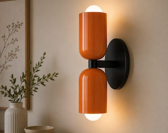 Brass Double Wall Sconce, 2 Light Modern Wall Fixture, Colorful Bedroom & Bedside Light, Hardwired