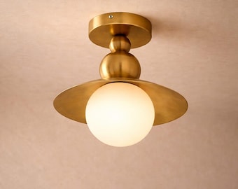 Modern Brass Flush Mount Ceiling Light, Opal Glass Globe Fixture, Mid Century Gold Lamp