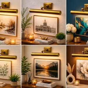 May include: A brass picture light fixture with a cylindrical lamp head and a rectangular wall mount. The light is positioned above various framed artworks, casting a warm glow downward to illuminate the prints in a variety of interior settings.