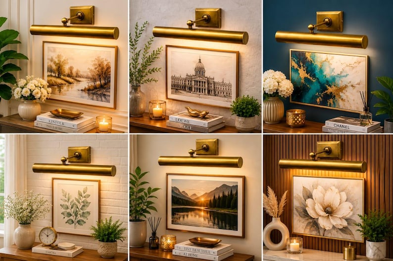 May include: A brass picture light fixture with a cylindrical lamp head and a rectangular wall mount. The light is positioned above various framed artworks, casting a warm glow downward to illuminate the prints in a variety of interior settings.