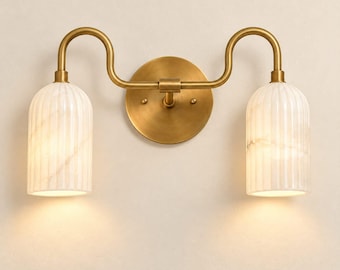 Double Arm Brass Sconce with Alabaster Shades, Mid-Century Modern Lighting