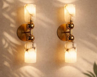 Modern Brass Alabaster Wall Sconce, Luxury Double Light Fixture, Minimalist Wall Lamp, Bedroom Bathroom Lighting, Hardwired Sconce