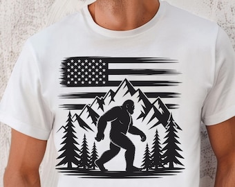 Bigfoot USA Shirt | Patriotic Sasquatch Graphic Tee | American Flag Mountain Bigfoot