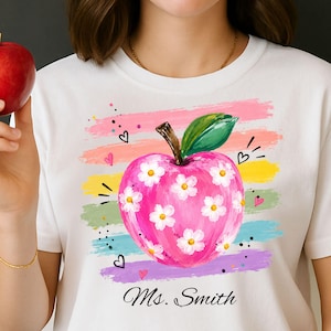 Personalized Teacher Apple Shirt Comfort Colors, Custom Teacher Name Tee, Floral Apple Graphic Shirt, Back to School Teacher Gift