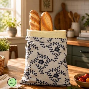 May include: A fabric bread bag with a floral pattern, holding two loaves of bread. The bag is beige with a navy blue floral design and a yellow interior. The bread has a golden-brown crust.