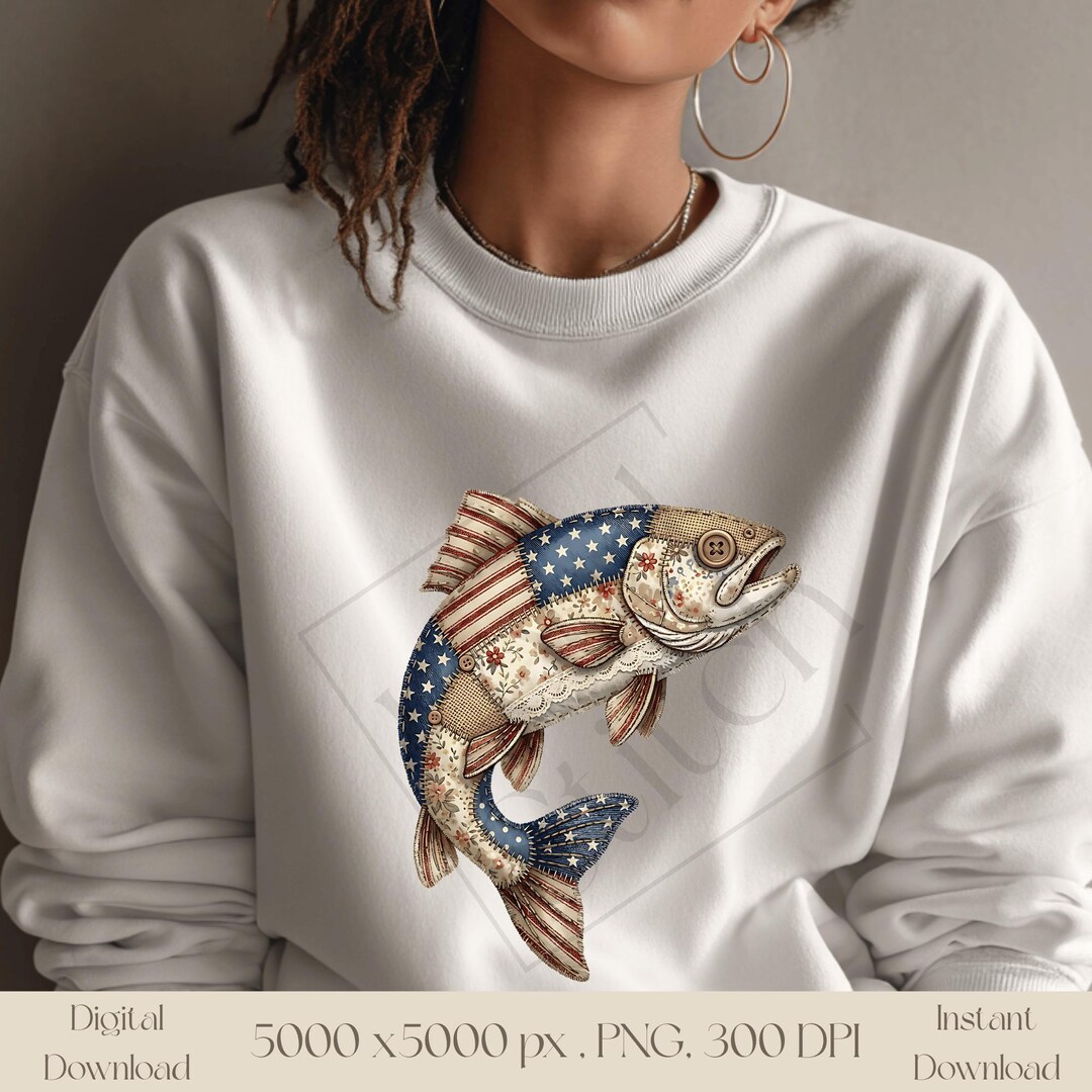 Patchwork Bass Fish PNG, Vintage Fishing Clipart, Rustic Angler ...