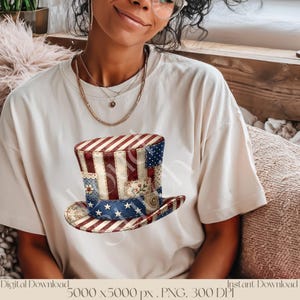 May include: A white t-shirt with a digitally printed Uncle Sam top hat. The hat design incorporates red and white stripes, blue stars, and floral patches. The image is a digital download, suitable for creating clothing items.