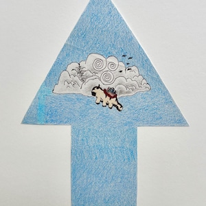 May include: A blue arrow illustration featuring a cartoon of a flying bison and clouds. The bison is brown and white, with a saddle. The clouds are white and grey, with black birds flying above.