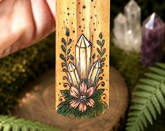 Crystal Bloom Incense Holder | Hand-Burned Wooden Incense Burner | Botanical Crystal Altar Decor