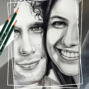Custom Pencil Couple Portrait from Photo – Hand-Drawn and Framed Gift –Personalized Drawing with Certificate –Ready to Display–Free Shipping